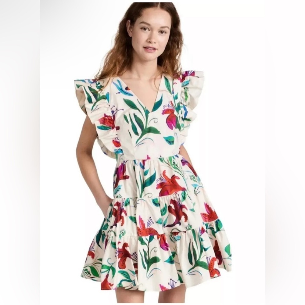 la DOUBLEJ Honeybun Dress in White Lily Ruffle Flutter Sleeve Short Tiered Small